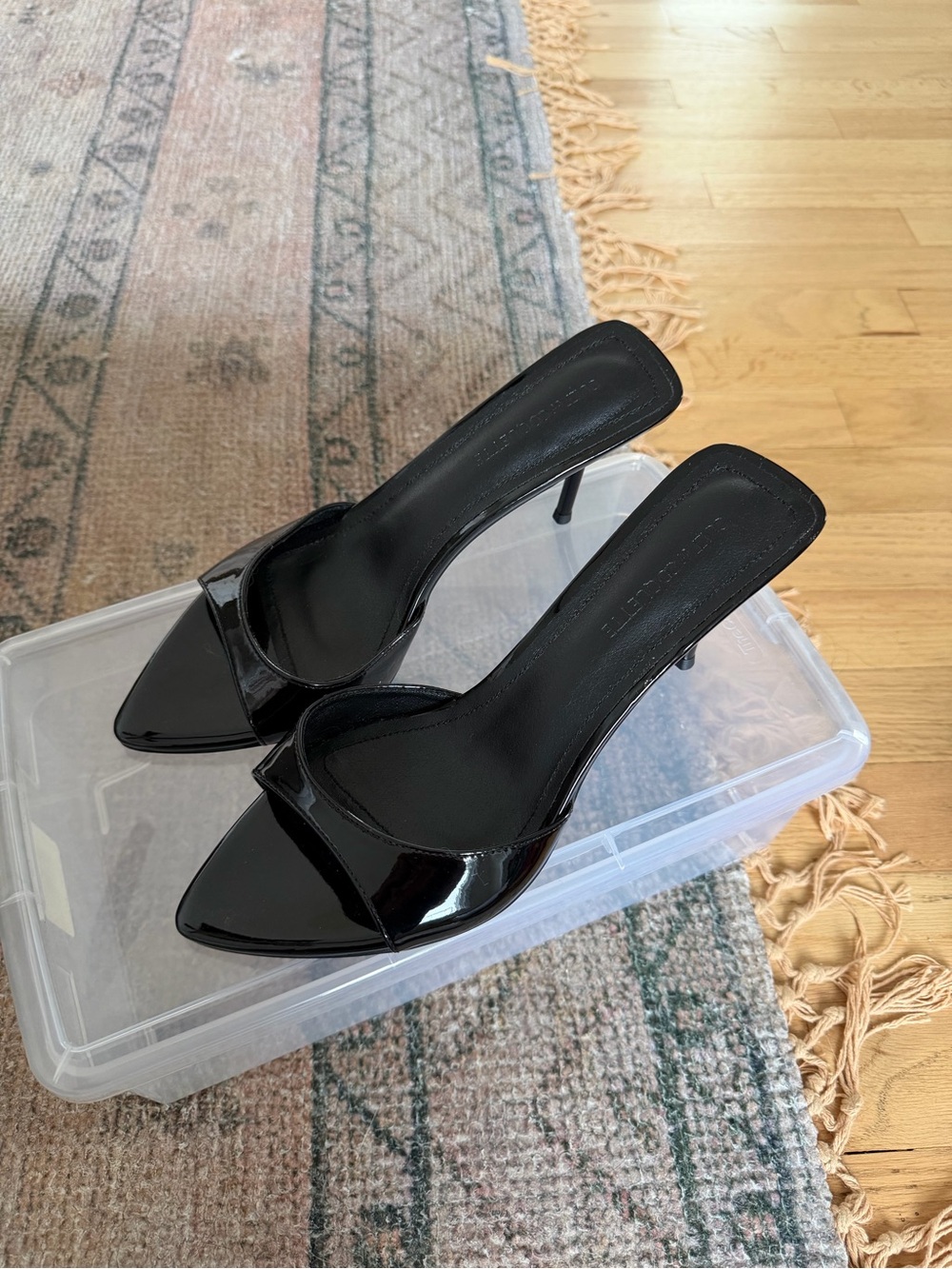 Black Patent Pointed-Toe Mule Heels